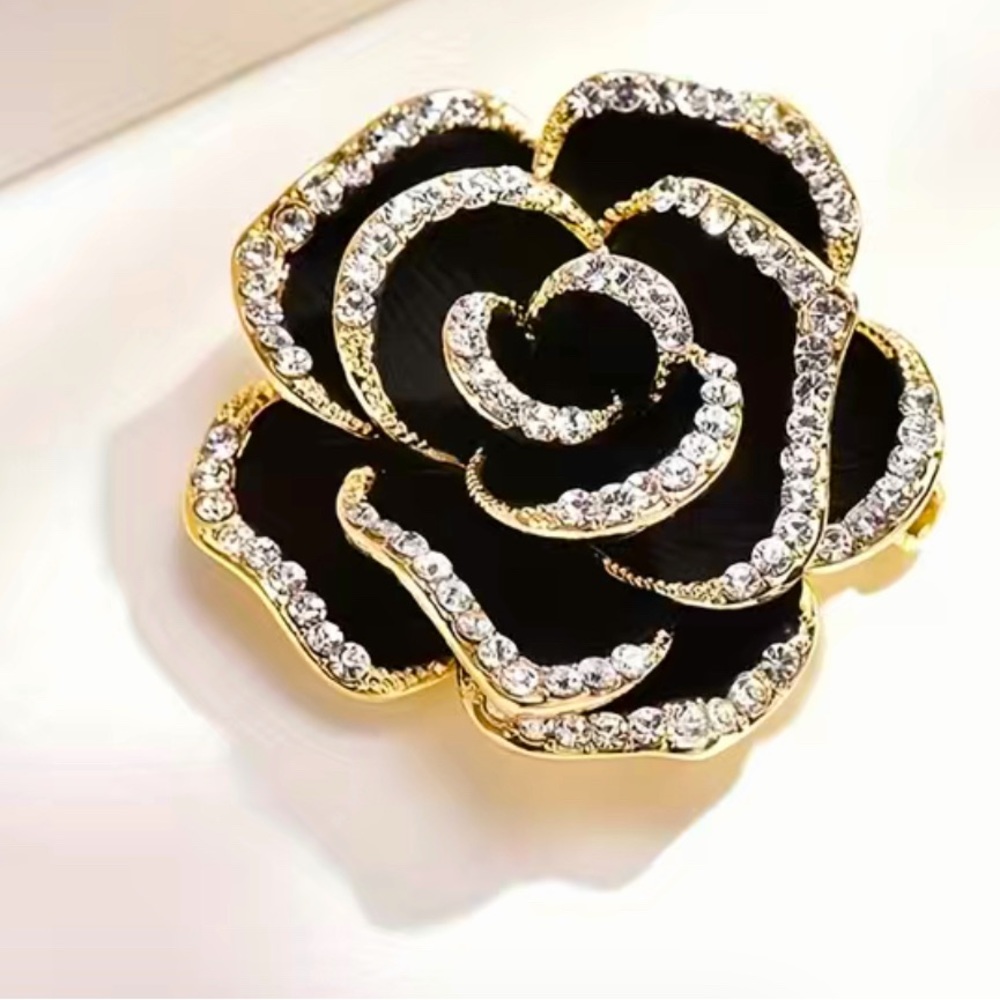Brand New CAMELIA Flower Brooch Rhinestone Accent Gold Color Lining comes in box